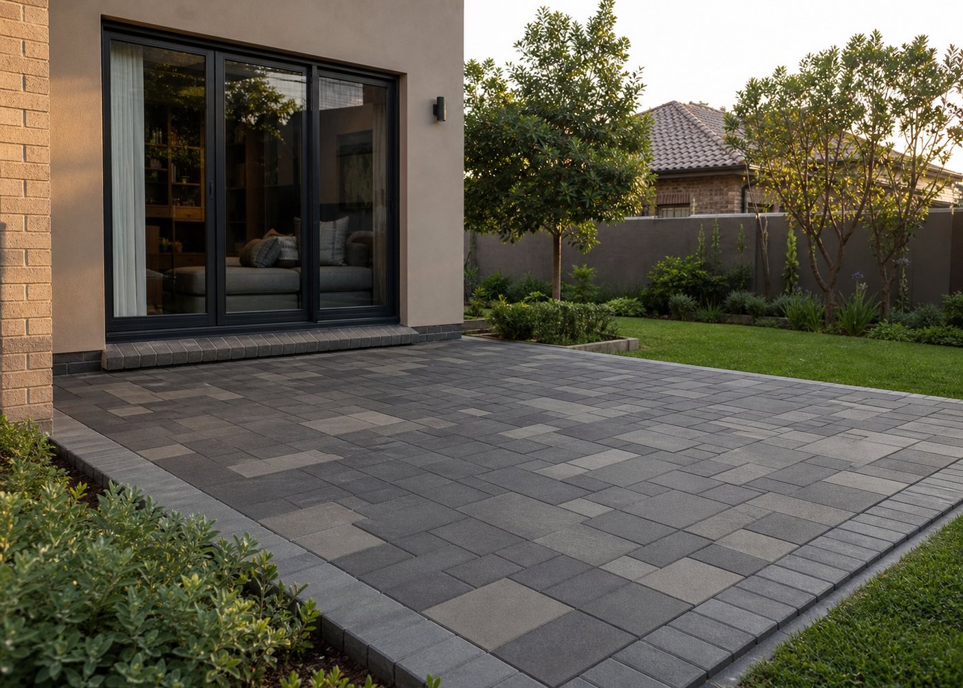 Illustrative paved residential patio beside a landscaped garden