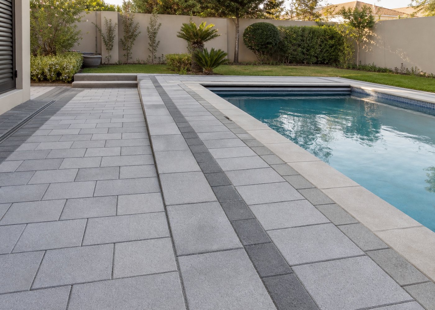 Illustrative light-grey paved surround beside a residential swimming pool